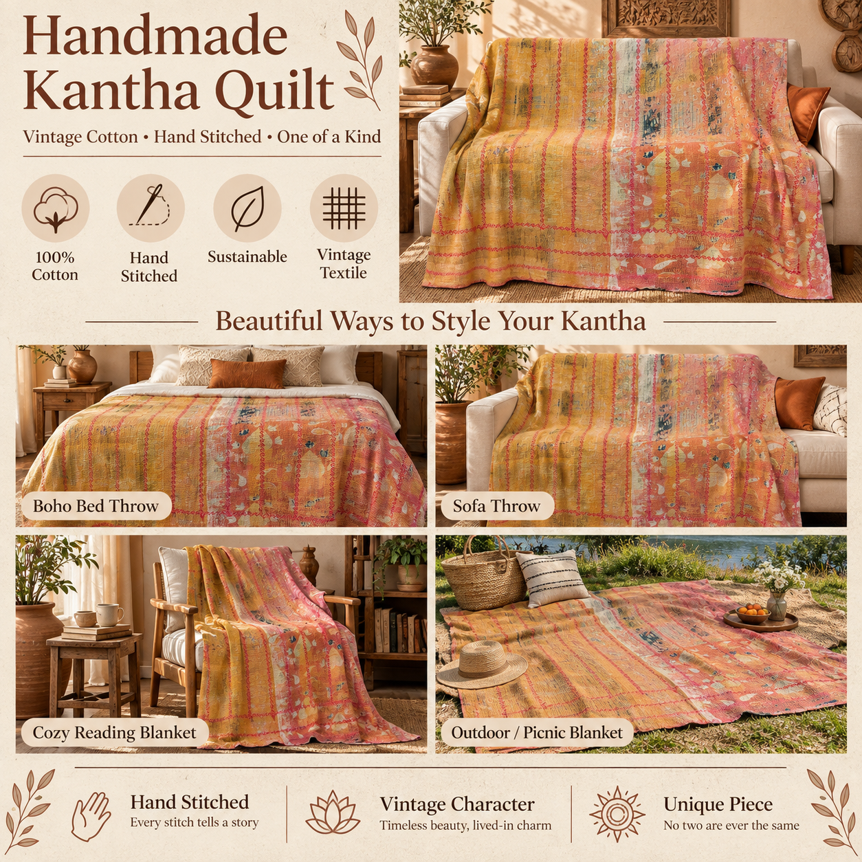 Mustard Yellow & Coral Pink Vintage Kantha Quilt 60 x 90 Inches – Handmade Cotton Bedspread – One of a Kind - Image 4