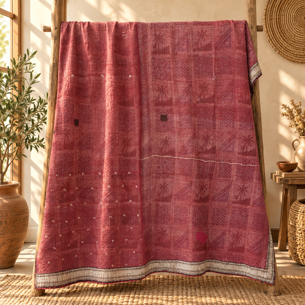 Charcoal Grey & Dusty Rose Vintage Kantha Quilt 60 x 90 Inches – Handmade Cotton Bedspread – One of a Kind - Image 5