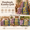 Vintage Handmade Kantha Quilt – Yellow & Purple Floral Recycled Sari Throw, Reversible Boho Indian Bedspread - Image 4