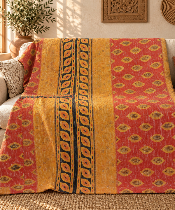 Vintage Mustard Yellow & Rust Red Kantha Quilt 60x90 Inches – Handmade Cotton Bedspread Throw