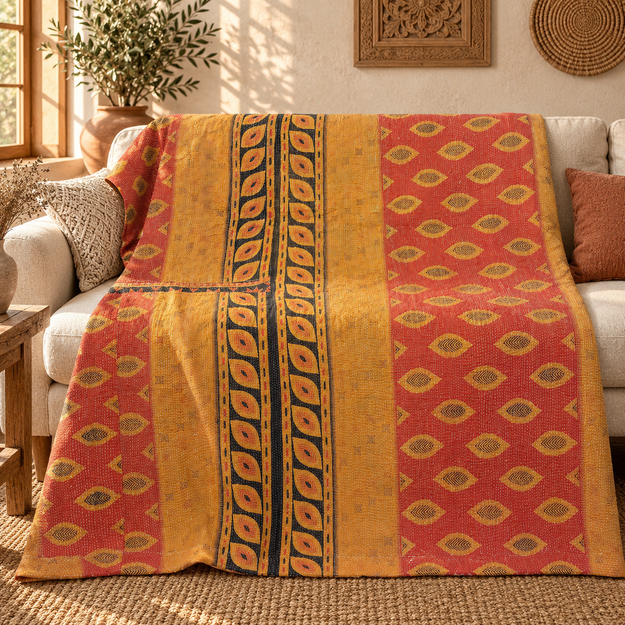 Vintage Mustard Yellow & Rust Red Kantha Quilt 60x90 Inches – Handmade Cotton Bedspread Throw