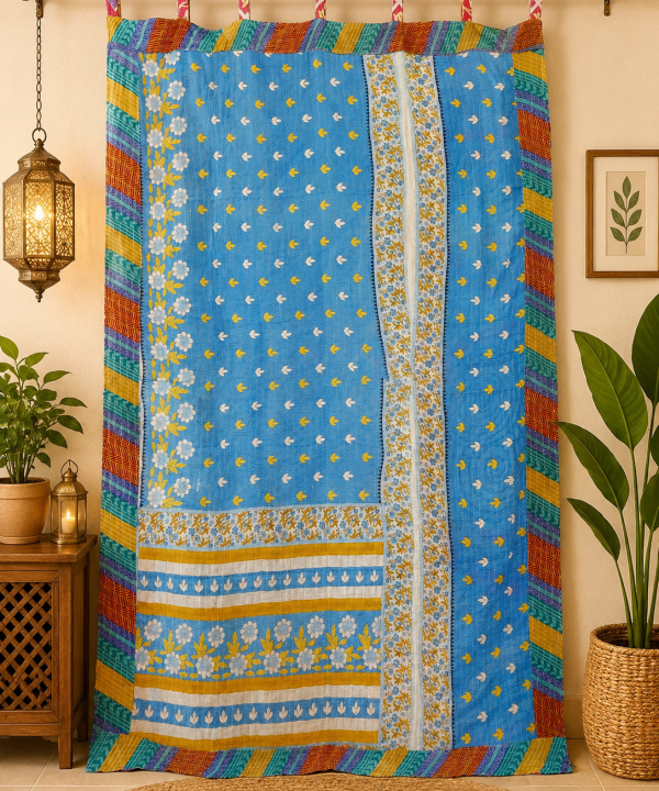 Alternative view of Blue Vintage Kantha Curtain – Handmade Cotton Patchwork Boho Indian Window Door Curtain – 1 Pc
