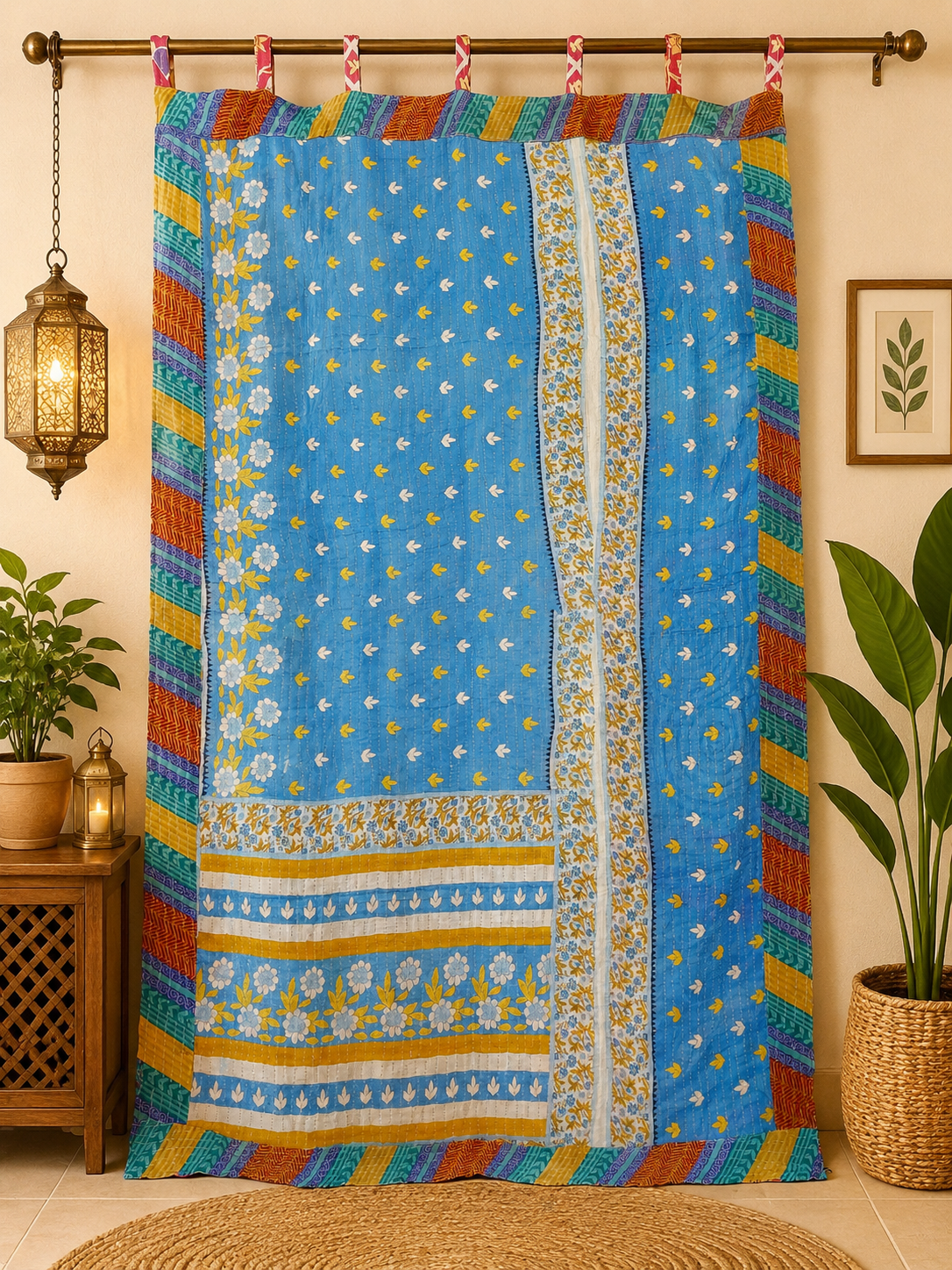 Blue Vintage Kantha Curtain – Handmade Cotton Patchwork Boho Indian Window Door Curtain – 1 Pc - Image 2