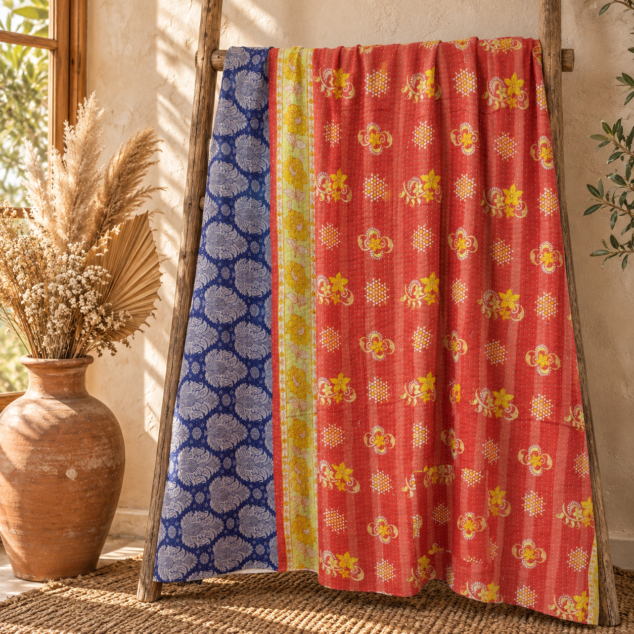 Vintage Handmade Kantha Quilt – Royal Blue & Cream Floral Recycled Cotton Bedspread, Indian Boho Sofa Throw - Image 5