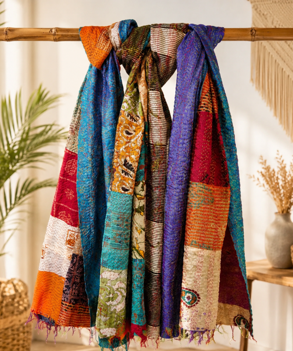 Vintage Kantha Patchwork Scarf Set – Handmade Recycled Cotton Boho Indian Shawl Wrap – 5 Pcs