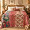 Vintage Handmade Kantha Quilt Pink & Green Floral Recycled Sari Cotton Boho Throw Blanket - Image 2