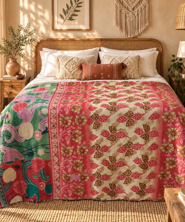 Alternative view of Vintage Handmade Kantha Quilt Pink & Green Floral Recycled Sari Cotton Boho Throw Blanket