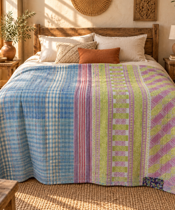 Alternative view of Vintage Kantha Quilt Blue Pink Green Patchwork – Handmade Cotton Bedspread Throw 60 x 90 Inches