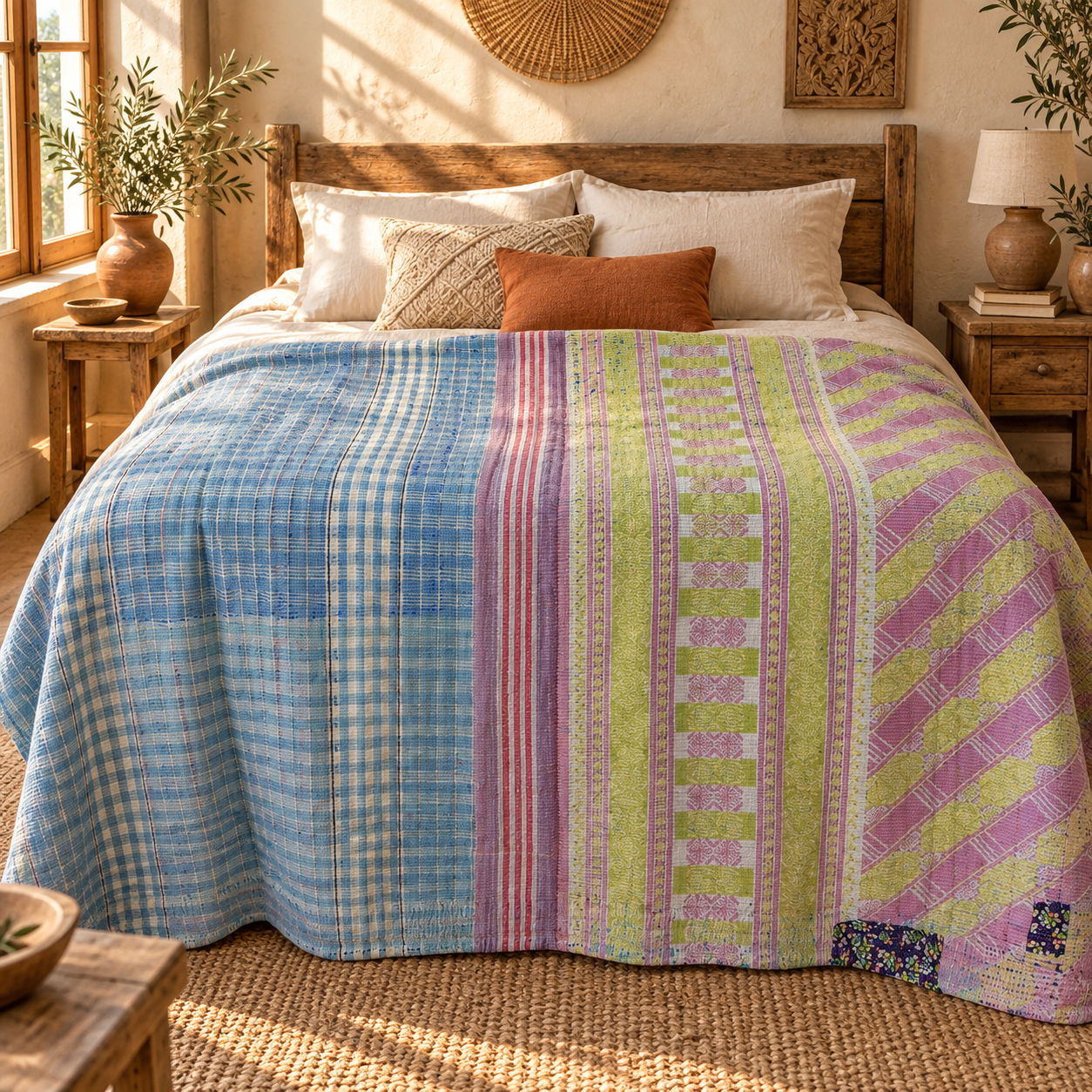 Vintage Kantha Quilt Blue Pink Green Patchwork – Handmade Cotton Bedspread Throw 60 x 90 Inches - Image 2