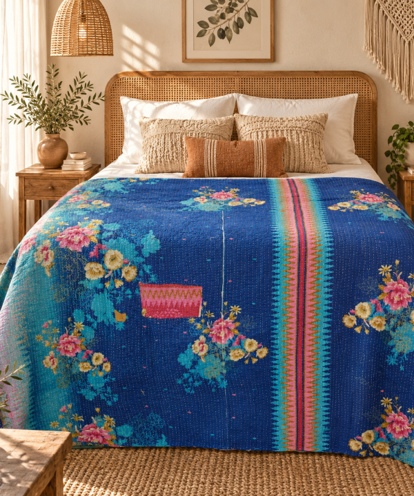 Alternative view of Vintage Blue Kantha Quilt – Handmade Floral Recycled Sari Bedspread, Reversible Indian Boho Throw Blanket