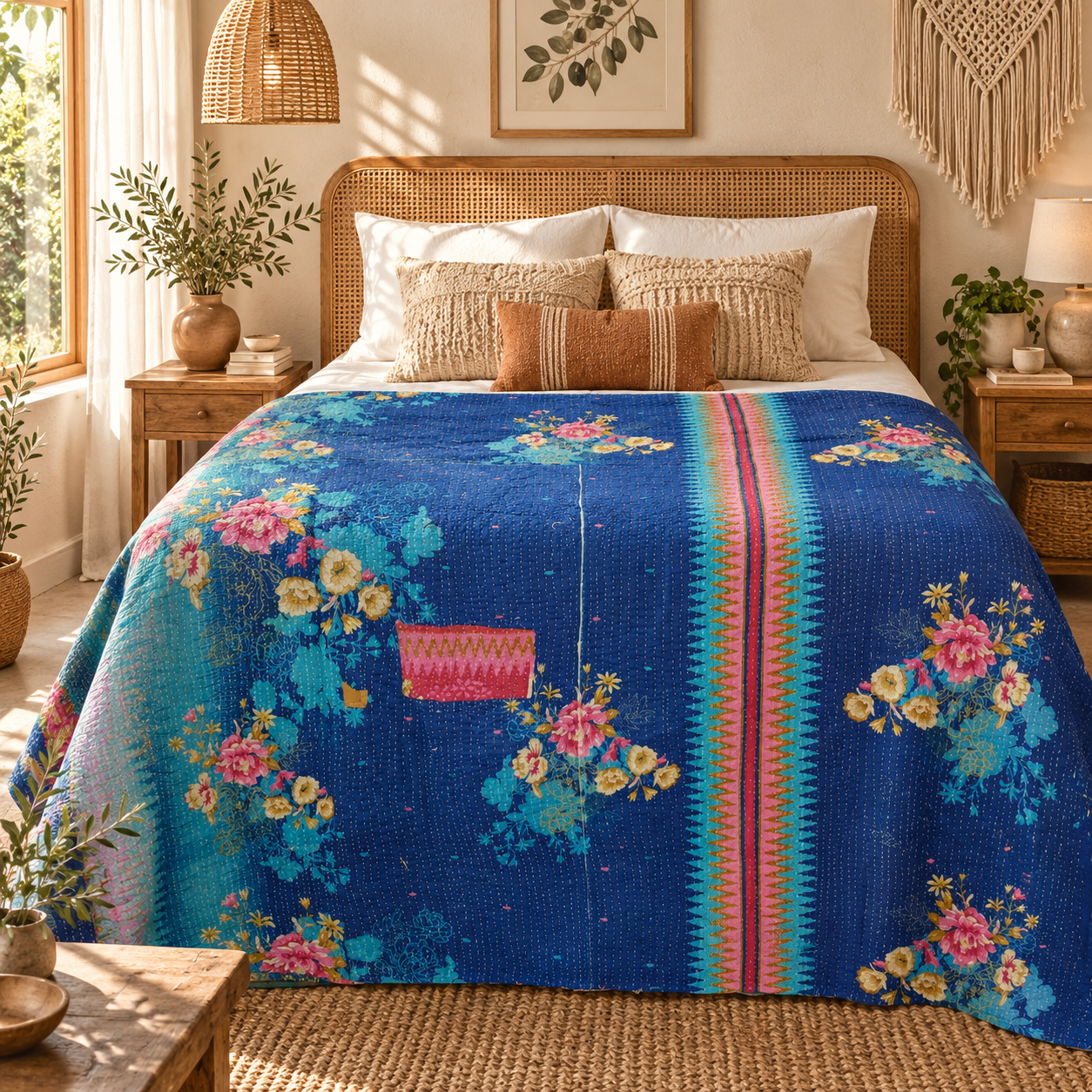 Vintage Blue Kantha Quilt – Handmade Floral Recycled Sari Bedspread, Reversible Indian Boho Throw Blanket - Image 2