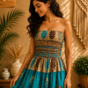 Turquoise Blue & Brown Printed Maxi Dress – Strapless Smocked Tiered Boho Summer Dress - Image 4