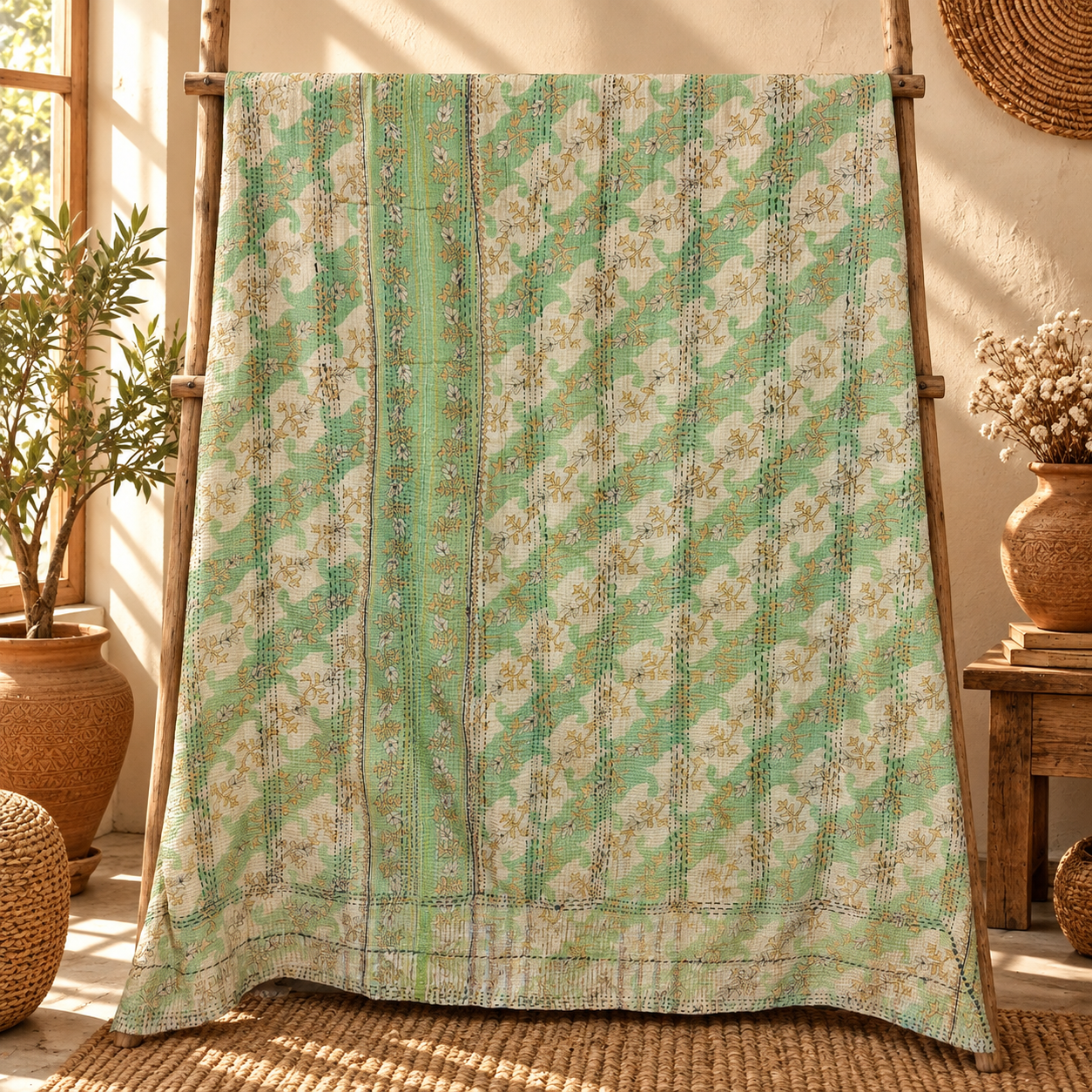 Vintage Kantha Quilt Coral Pink Cotton Throw – Handmade Indian Bedspread 60 x 90 Inches - Image 5
