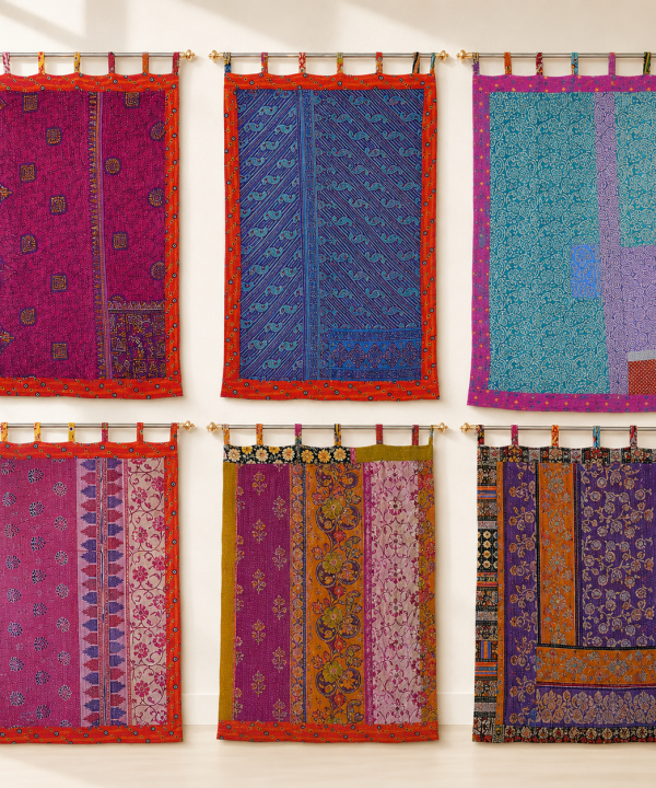Vintage Kantha Patchwork Curtain 1 Pc – Multicolor Cotton Sari Window Panel Boho Tab Top Curtain