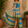 Beige Blue Green Patchwork Maxi Dress – Strapless Smocked Tiered High Low Boho Summer Dress