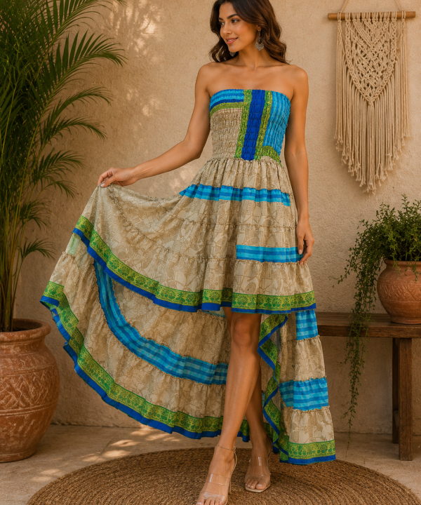 Beige Blue Green Patchwork Maxi Dress – Strapless Smocked Tiered High Low Boho Summer Dress