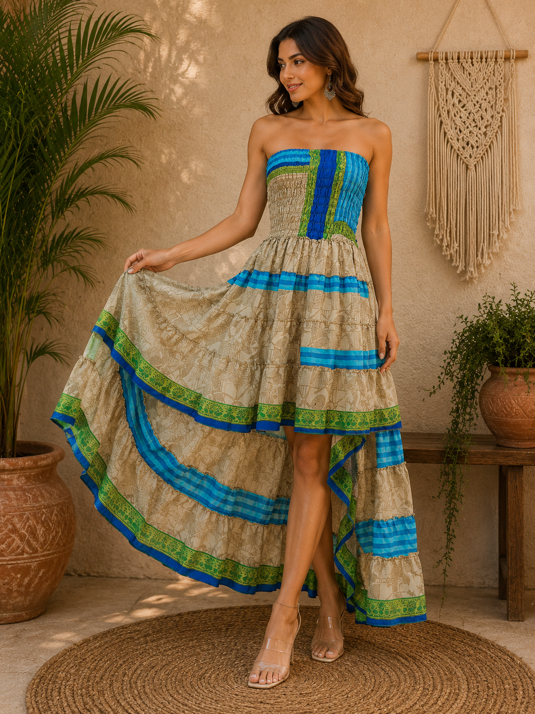 Beige Blue Green Patchwork Maxi Dress – Strapless Smocked Tiered High Low Boho Summer Dress