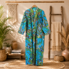 Turquoise Blue Paisley Print Cotton Long Kimono Robe for Women – Boho Maxi Kimono, Free Size Belted Robe with Pockets - Image 3