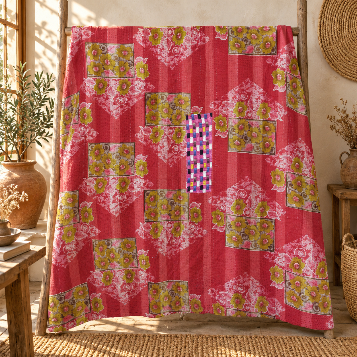 Vintage Navy Blue & Red Kantha Quilt – Floral Hand Stitched Cotton Bedspread 60 x 90 Inches - Image 5