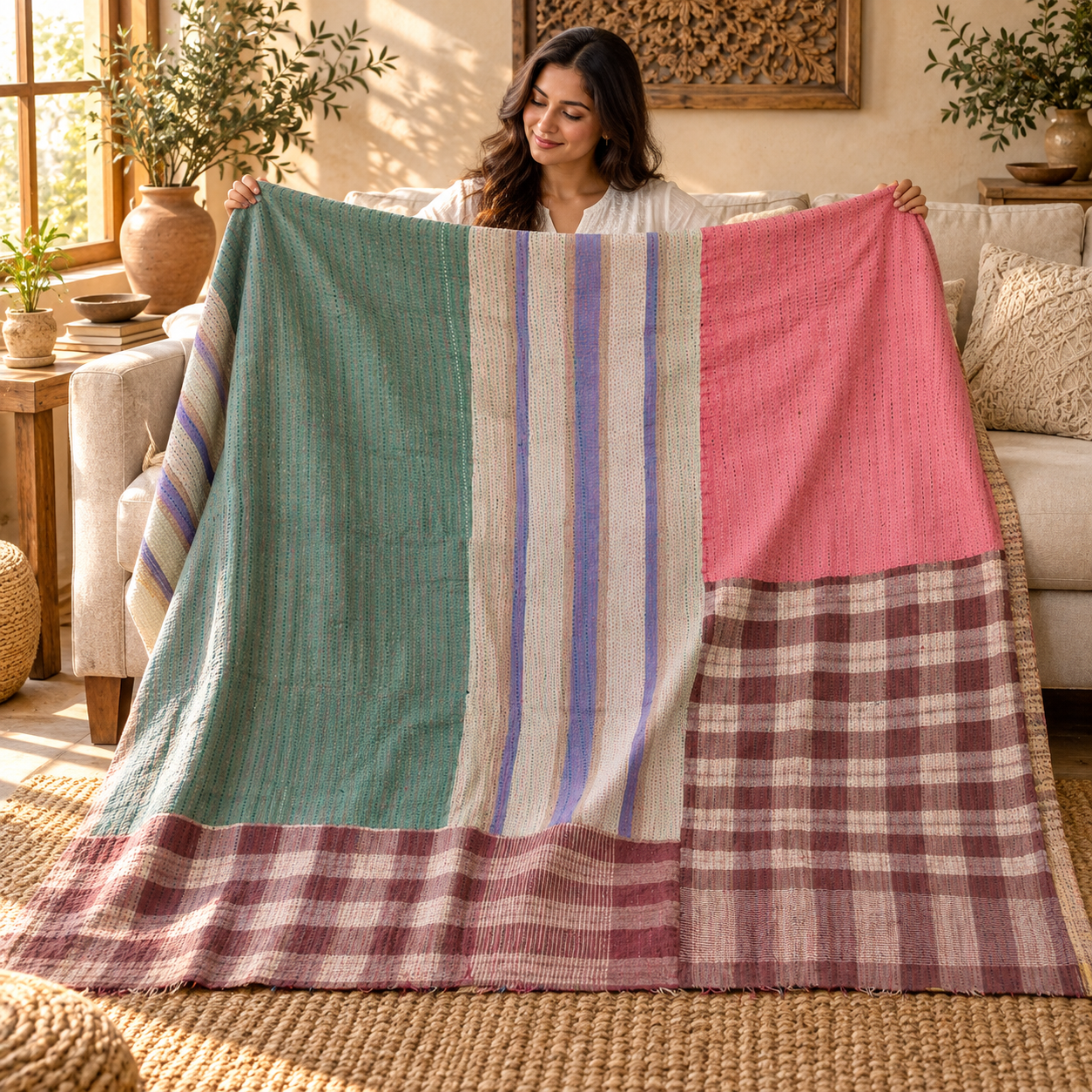 Vintage Kantha Quilt 60x90 Inches – Handmade Cotton Patchwork Bedspread Throw – Green Pink Purple - Image 3