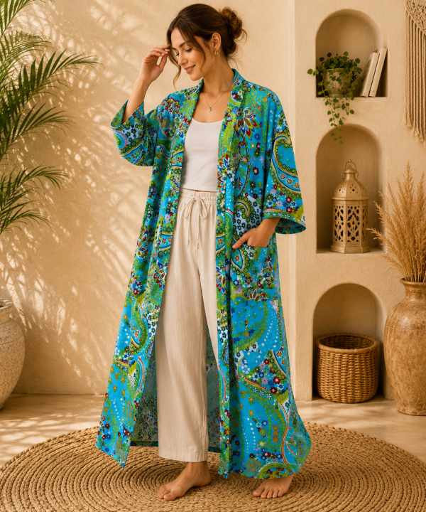 Turquoise Blue Floral Paisley Long Kimono Robe – Boho Printed Maxi Kimono Jacket for Women