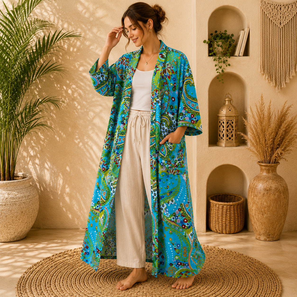 Turquoise Blue Floral Paisley Long Kimono Robe – Boho Printed Maxi Kimono Jacket for Women
