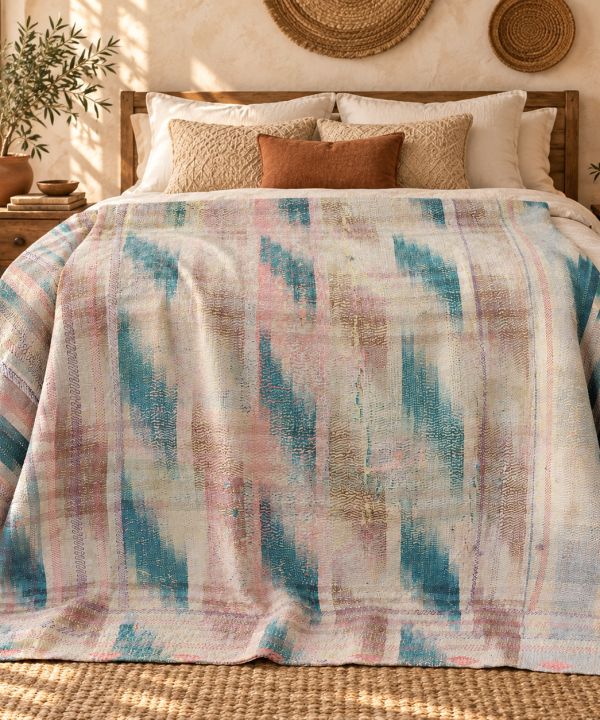 Alternative view of Aqua Blue & Blush Pink Vintage Kantha Quilt 60 x 90 Inches – Handmade Cotton Bedspread – One of a Kind