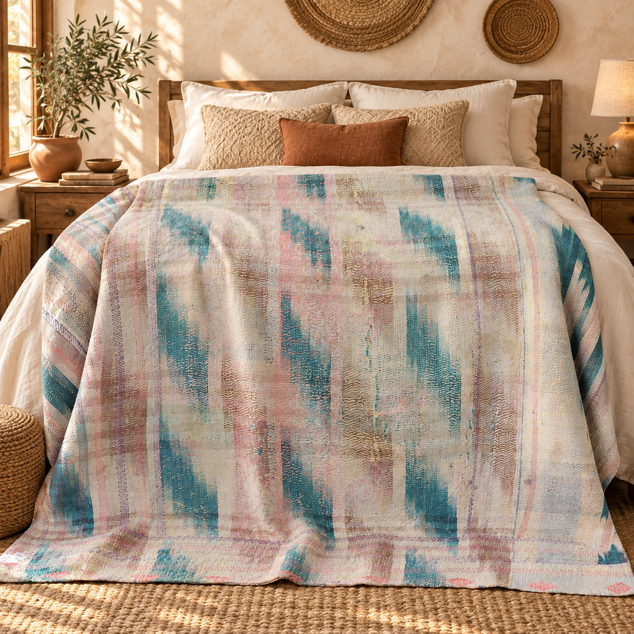 Aqua Blue & Blush Pink Vintage Kantha Quilt 60 x 90 Inches – Handmade Cotton Bedspread – One of a Kind - Image 2