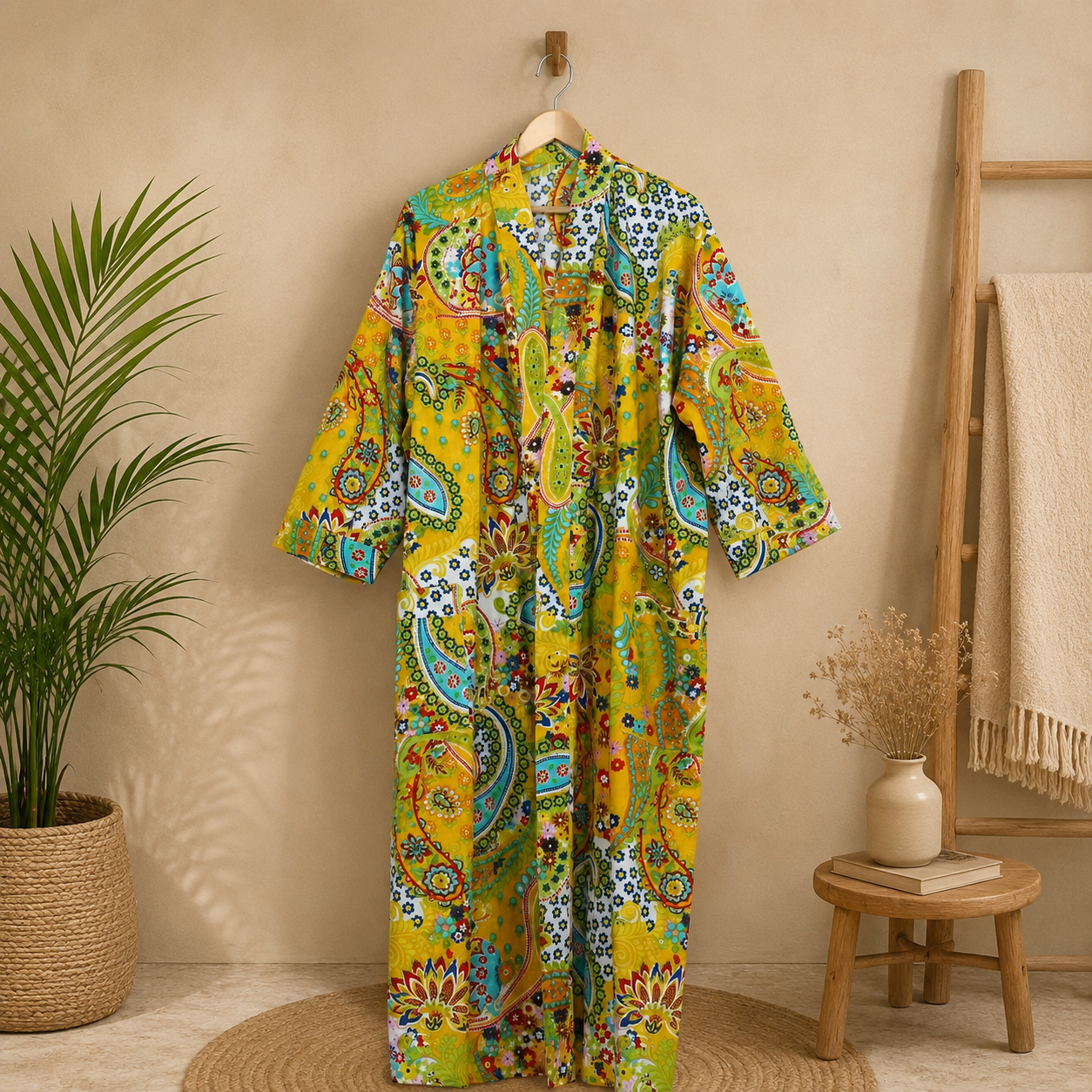 Yellow Multicolor Floral Paisley Long Kimono Robe – Boho Printed Maxi Kimono Jacket for Women - Image 5