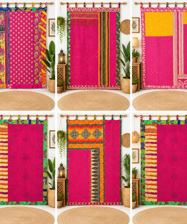 Pink Vintage Kantha Curtain – Handmade Cotton Patchwork Boho Indian Window Door Curtain – 1 Pc
