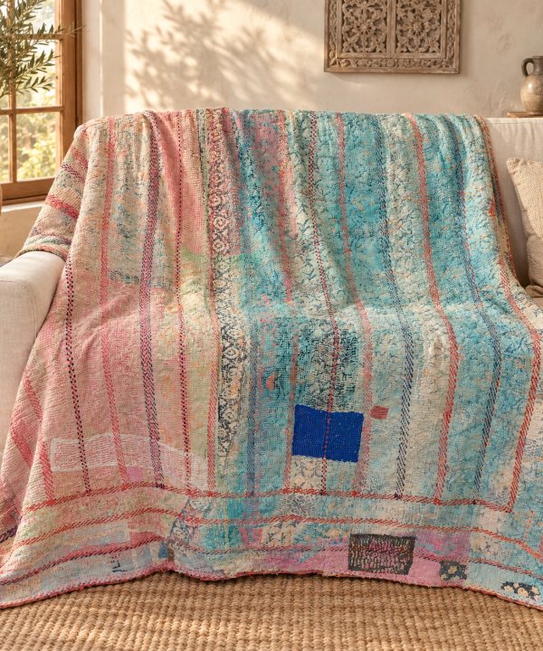 Vintage Pastel Blue Pink Kantha Quilt 60x90 Inches – Hand Stitched Cotton Boho Bedspread Throw