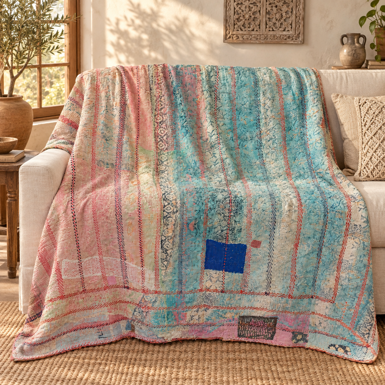 Vintage Pastel Blue Pink Kantha Quilt 60x90 Inches – Hand Stitched Cotton Boho Bedspread Throw
