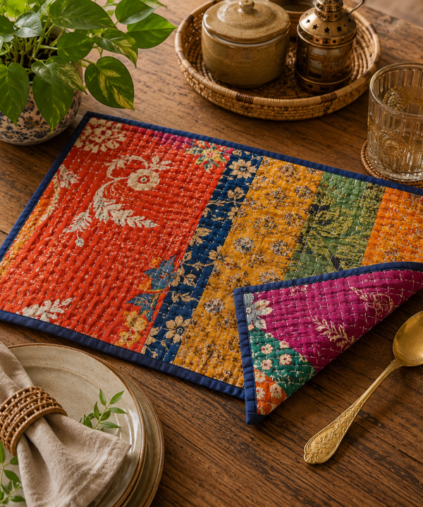 Alternative view of Reversible Handstitched Kantha Placemat - Set of 2 -Assorted