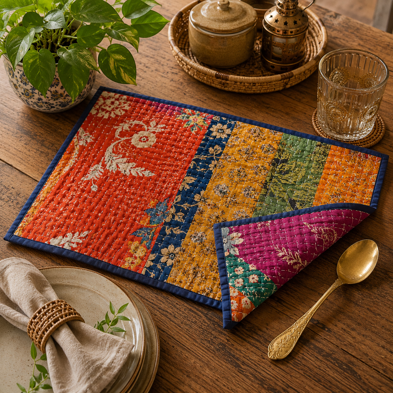 5 Pcs Vintage Kantha Quilted Placemats 13x18 Inches – Recycled Cotton Patchwork Table Mats, Handmade Boho Dining Decor - Image 5