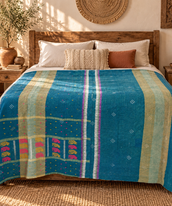 Alternative view of Vintage Teal Blue Kantha Quilt – Hand Stitched Cotton Boho Bedspread Throw 60 x 90 Inches