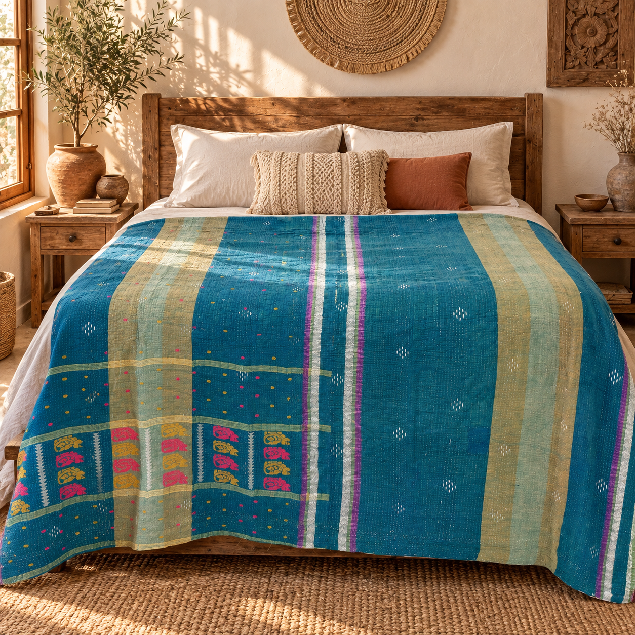 Vintage Teal Blue Kantha Quilt – Hand Stitched Cotton Boho Bedspread Throw 60 x 90 Inches - Image 2