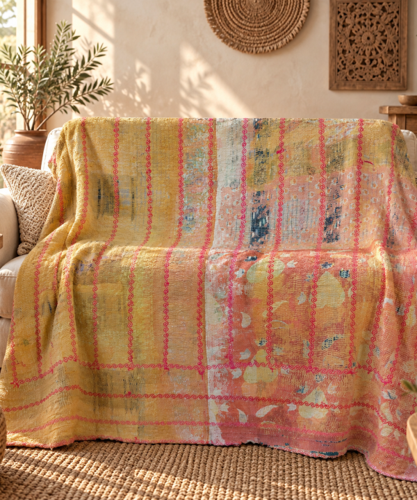 Mustard Yellow & Coral Pink Vintage Kantha Quilt 60 x 90 Inches – Handmade Cotton Bedspread – One of a Kind