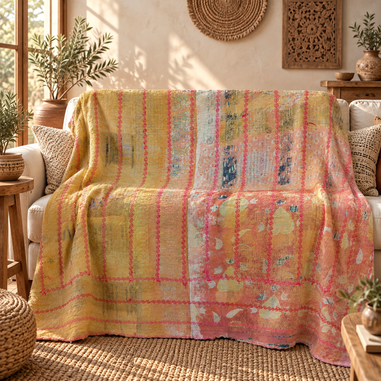 Mustard Yellow & Coral Pink Vintage Kantha Quilt 60 x 90 Inches – Handmade Cotton Bedspread – One of a Kind