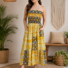 Yellow Black & Cream Patchwork Maxi Dress – Strapless Smocked Boho Printed Summer Dress