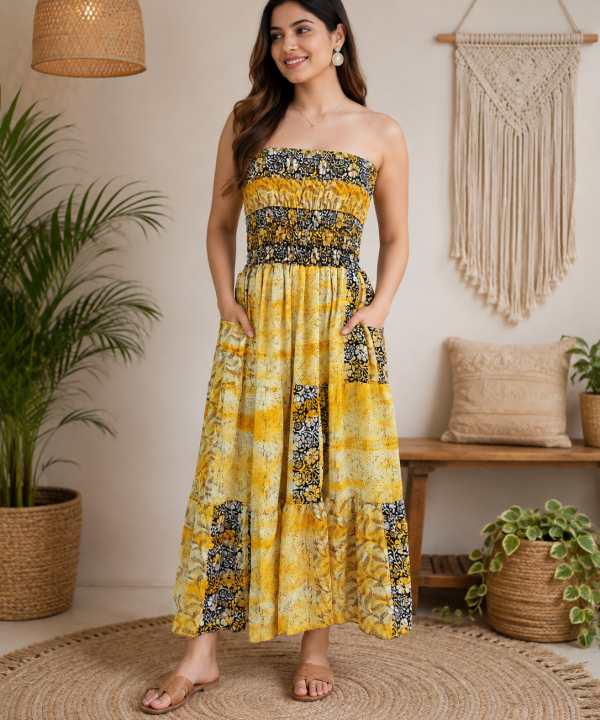 Yellow Black & Cream Patchwork Maxi Dress – Strapless Smocked Boho Printed Summer Dress
