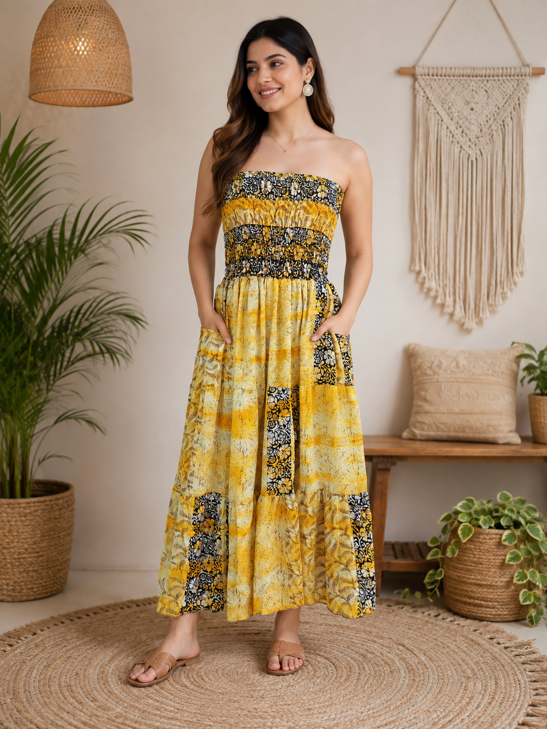 Yellow Black & Cream Patchwork Maxi Dress – Strapless Smocked Boho Printed Summer Dress