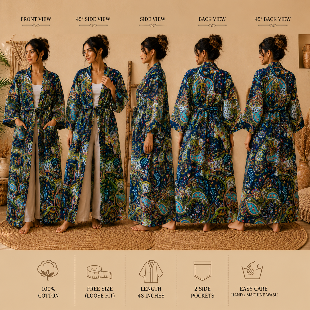Navy Blue Paisley Print Cotton Long Kimono Robe for Women – Boho Free Size Maxi Kimono with Belt & Pockets - Image 5