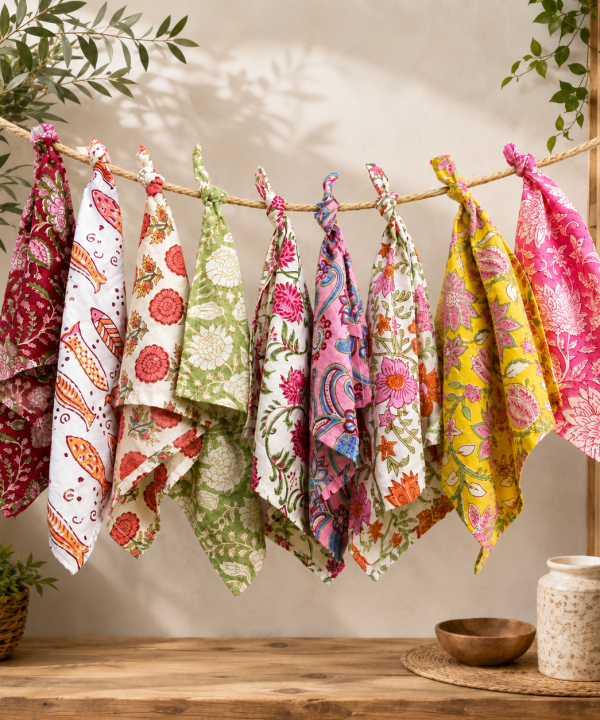 20 Pcs Cotton Napkins 18x18 Inches – Handmade Floral Block Print Cloth Napkins – Multicolor Assorted Dinner Napkin Set
