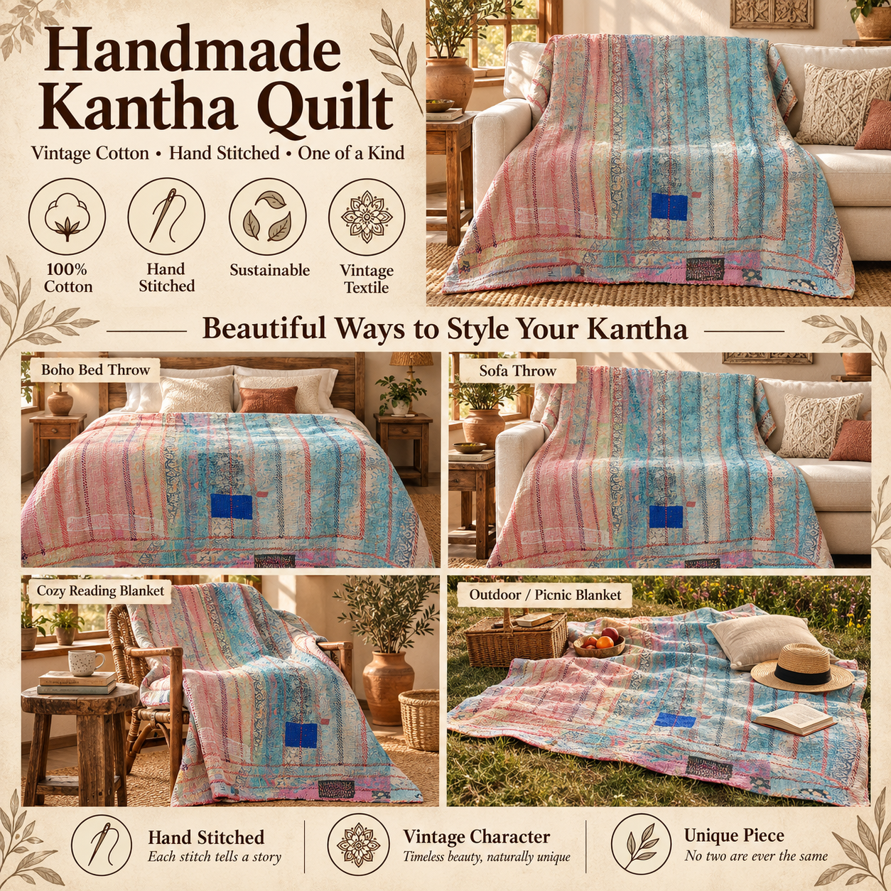 Vintage Pastel Blue Pink Kantha Quilt 60x90 Inches – Hand Stitched Cotton Boho Bedspread Throw - Image 4