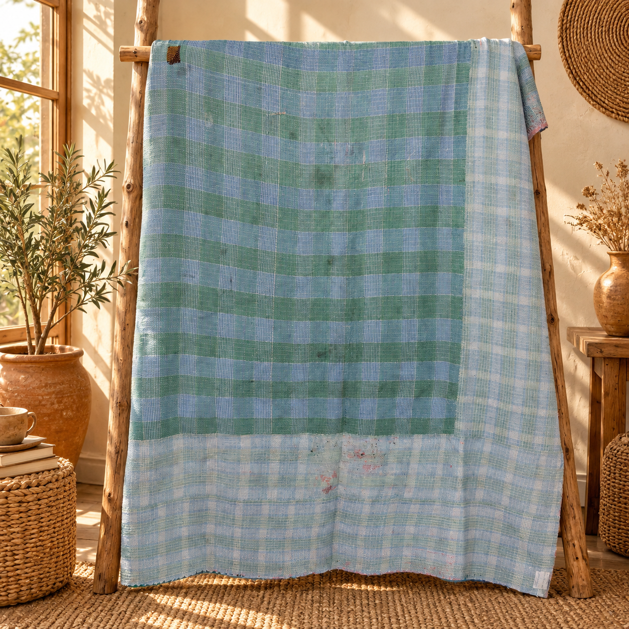 Vintage Blue Green Kantha Quilt 60x90 Inches – Hand Stitched Cotton Plaid Bedspread, Boho Throw Blanket - Image 5
