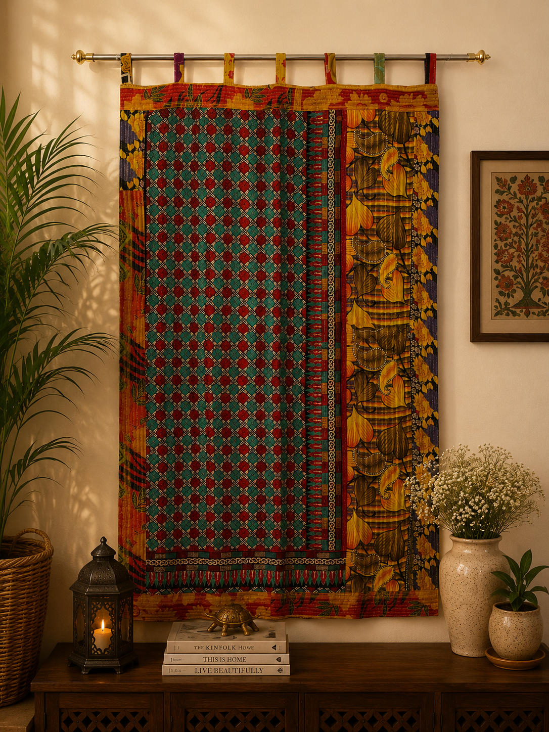 Black Vintage Kantha Curtain – Handmade Cotton Patchwork Boho Indian Window Door Curtain – 1 Pc - Image 3