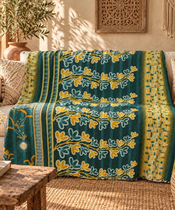 Vintage Green Kantha Quilt – Handmade Recycled Sari Cotton Bed Throw, Floral Boho Blanket MN-VKQ-TW-1343