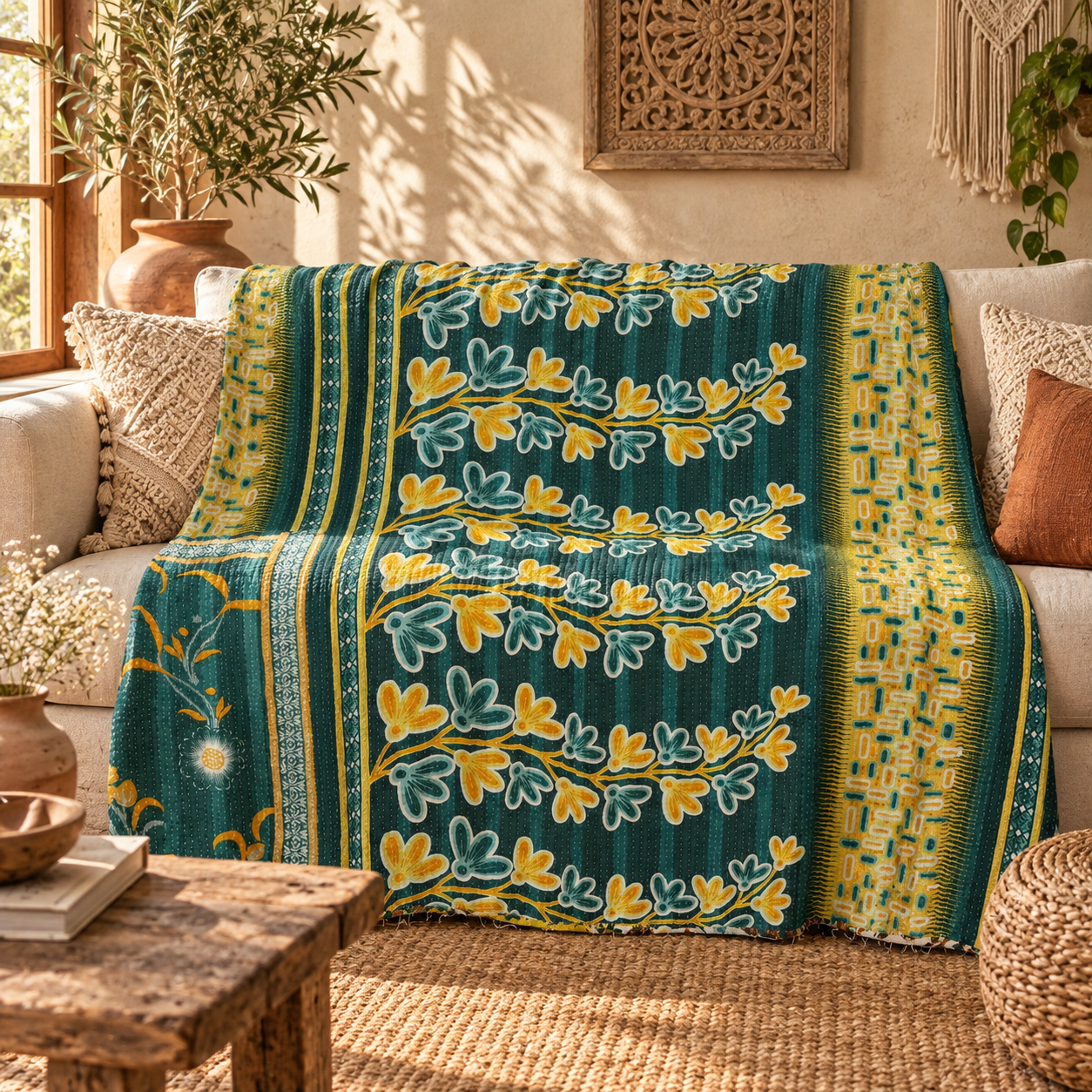 Vintage Green Kantha Quilt – Handmade Recycled Sari Cotton Bed Throw, Floral Boho Blanket MN-VKQ-TW-1343