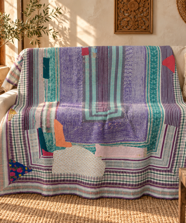 Vintage Kantha Quilt 60x90 Inches – Purple Teal Hand Stitched Cotton Patchwork Bedspread