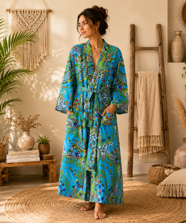 Turquoise Blue Paisley Print Cotton Long Kimono Robe for Women – Boho Maxi Kimono, Free Size Belted Robe with Pockets